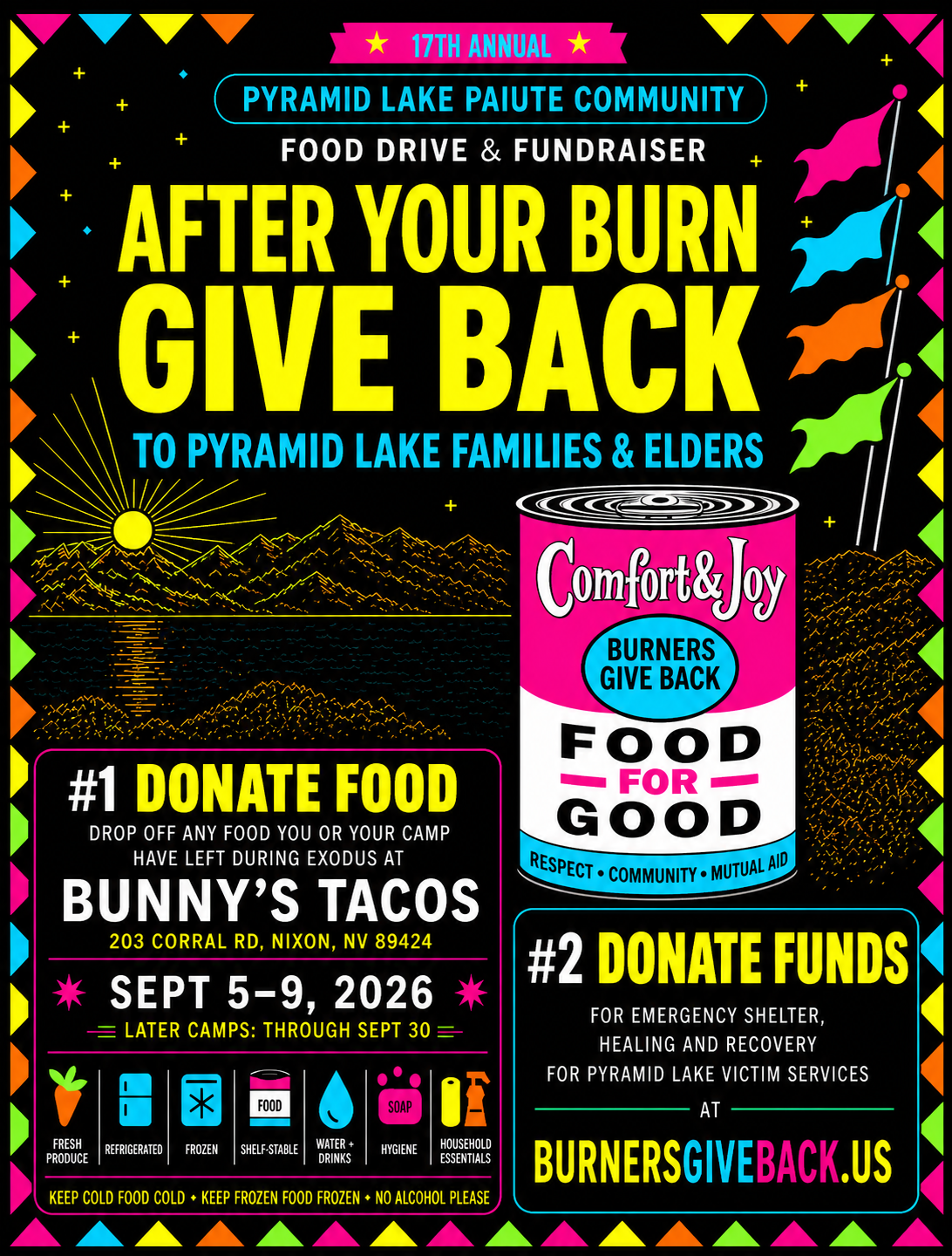 Portrait Burners Give Back 2026 graphic, approved layout with a yellow Pyramid Lake landscape.