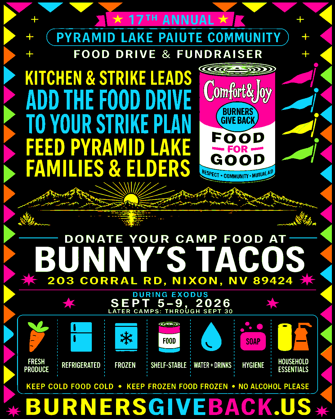 Kitchen and Strike Leads portrait graphic: add the food drive to your strike plan and feed Pyramid Lake families and elders.